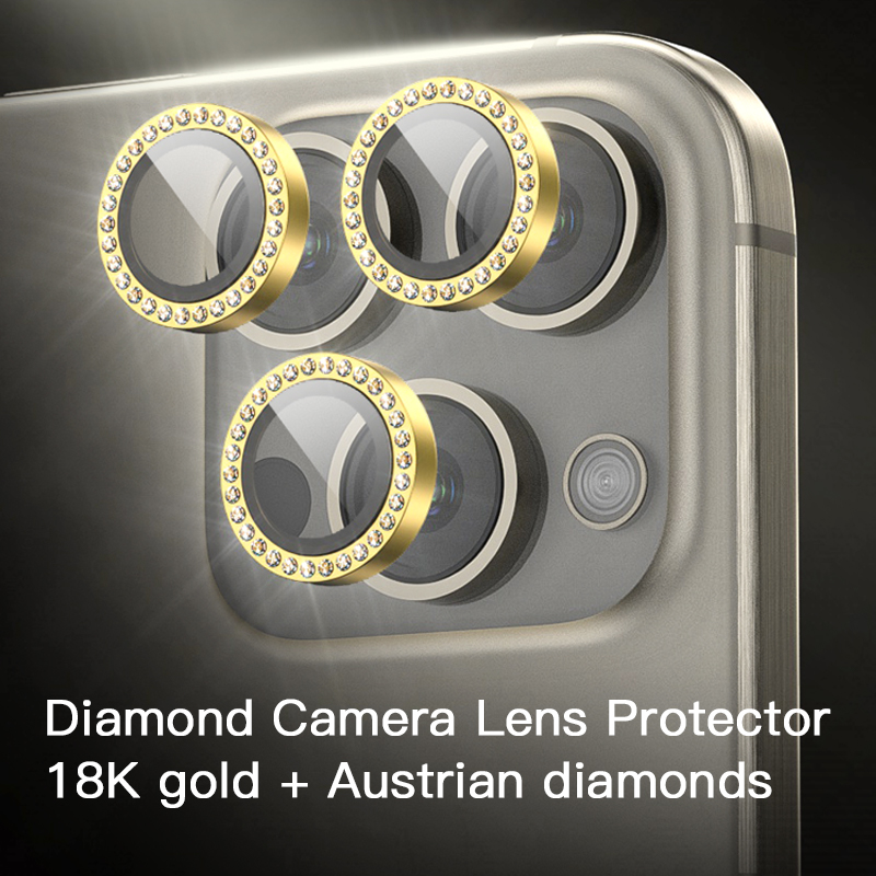 แฟชั่น OEM 18K Gold + ออสเตรียเพชรที่มีสีสัน Anti-Scratch กระจกนิรภัย Iphone ตัวป้องกันเลนส์กล้อง